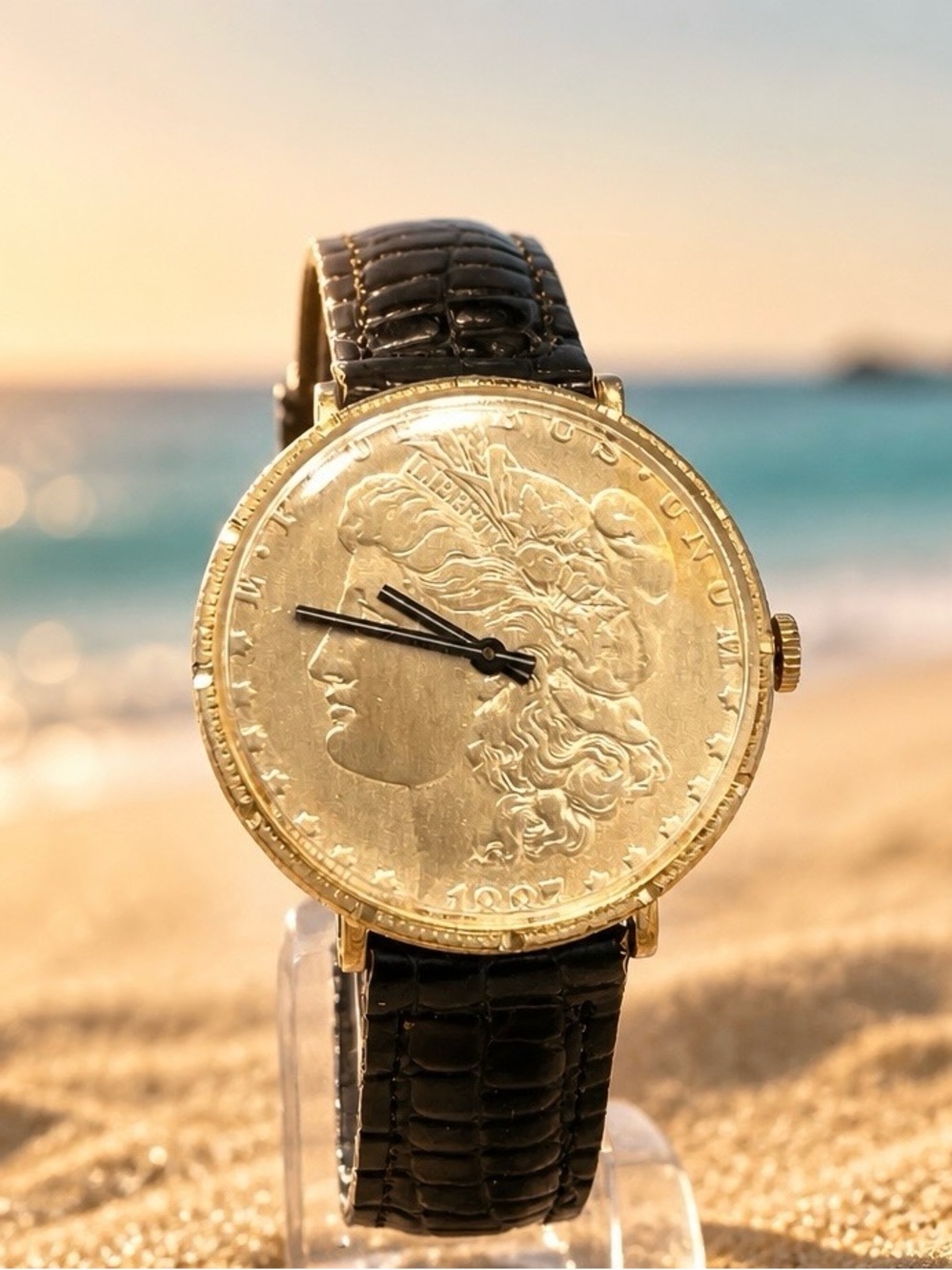 Vintage Le Jour Coin Face Men's Watch with Black Leather Strap